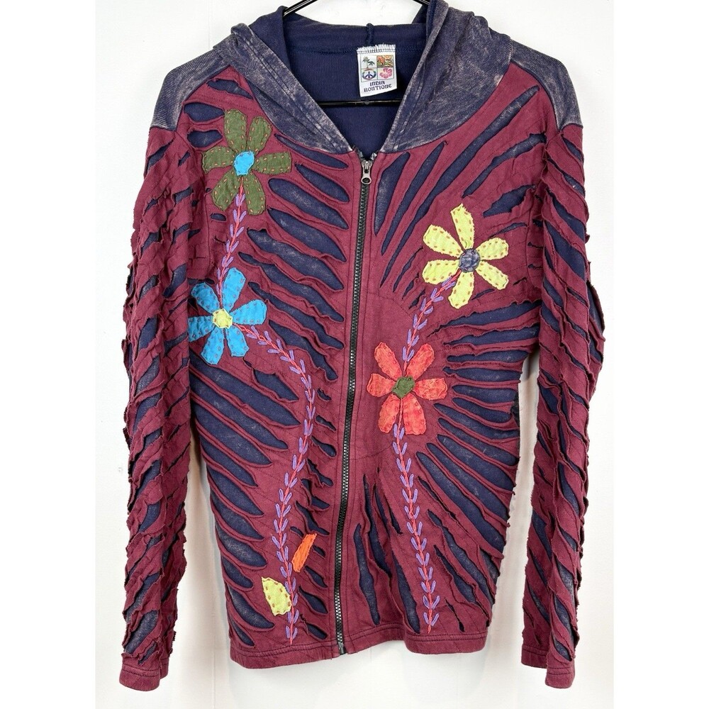 Women's Zip-Up Large Sweatshirt India Boutique Hippie Deadhead Applique Floral